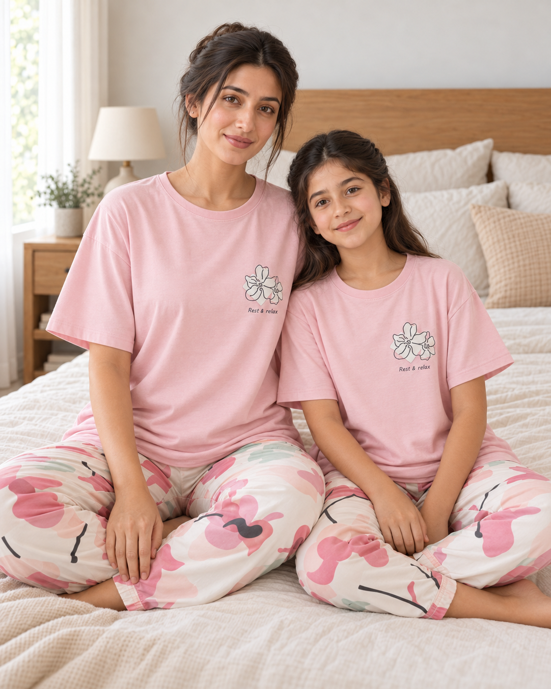 Pink Bird Mom & Daughter Night Suit - pose 1