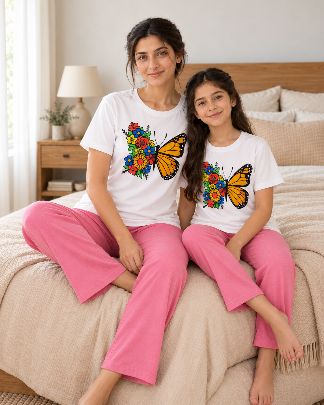Butterfly White & Pink Mom & Daughter Night Suit - pose 1