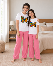Butterfly White & Pink Mom & Daughter Night Suit - pose 2