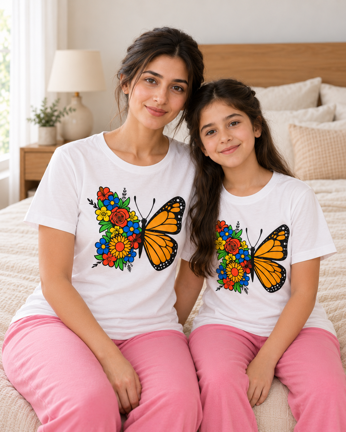 Butterfly White & Pink Mom & Daughter Night Suit - pose 3