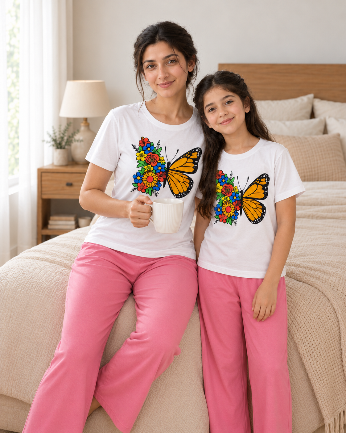 Butterfly White & Pink Mom & Daughter Night Suit - pose 4
