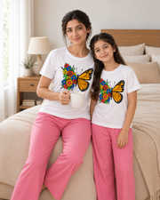 Butterfly White & Pink Mom & Daughter Night Suit - pose 4