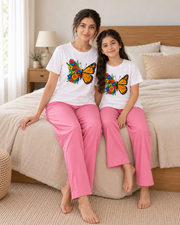 Butterfly White & Pink Mom & Daughter Night Suit - pose 5