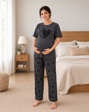 Grey Heart Maternity Cotton Night Suit - pose 1