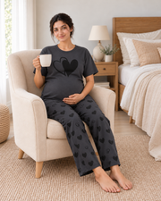 Grey Heart Maternity Cotton Night Suit - pose 3