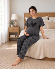 Grey Heart Maternity Cotton Night Suit - pose 5