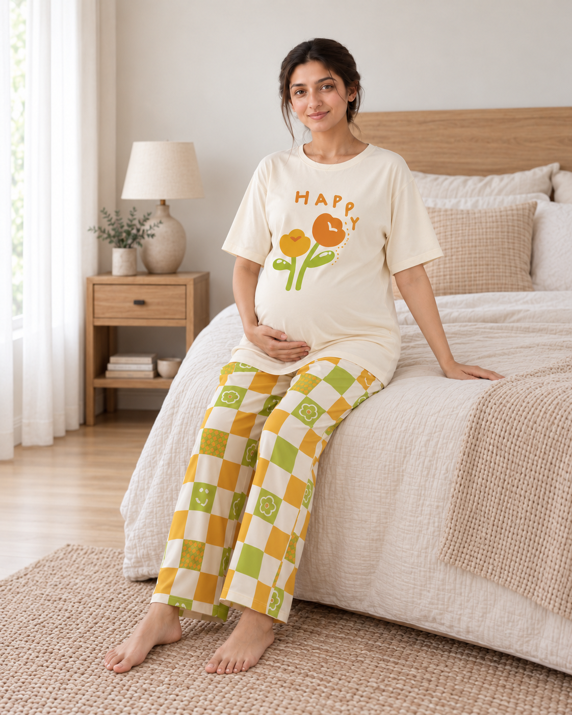Happy Flower Maternity Cotton Night Suit - pose 1