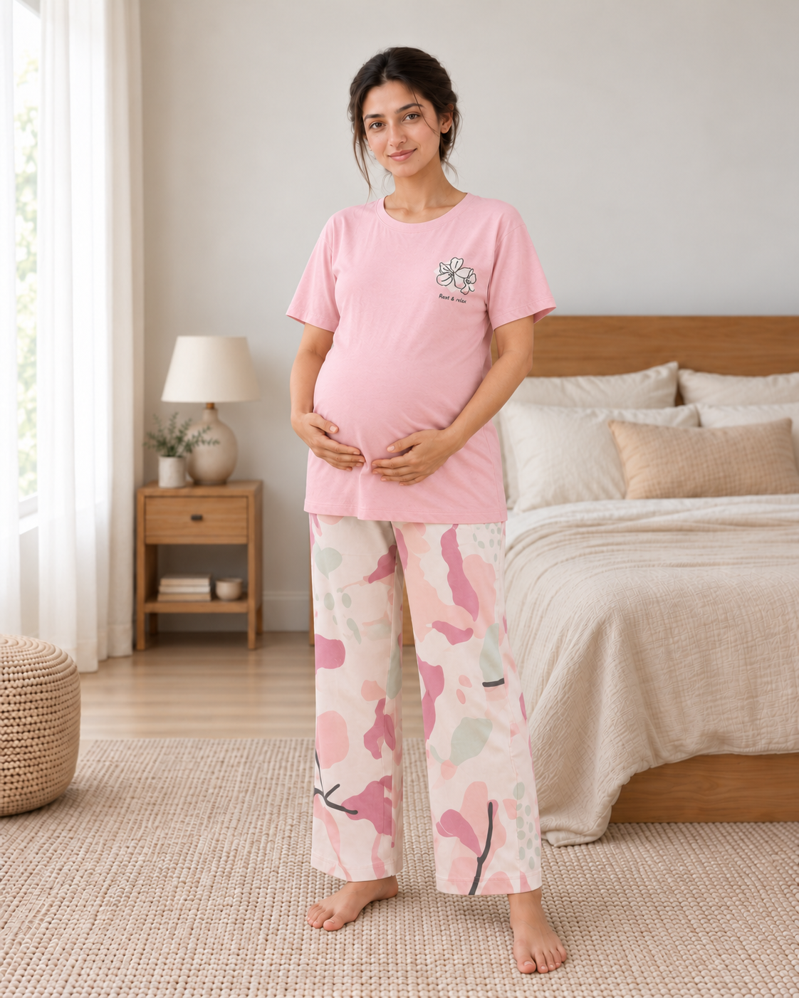 Pink Bird Maternity Cotton Night Suit - pose 1