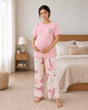 Pink Bird Maternity Cotton Night Suit - pose 1