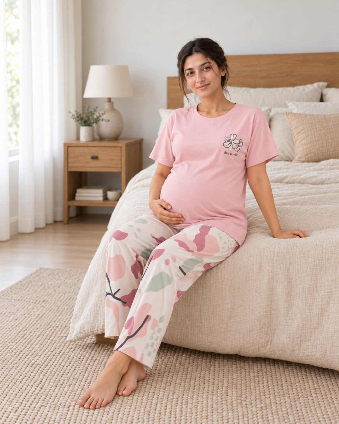 Pink Bird Maternity Cotton Night Suit - pose 2