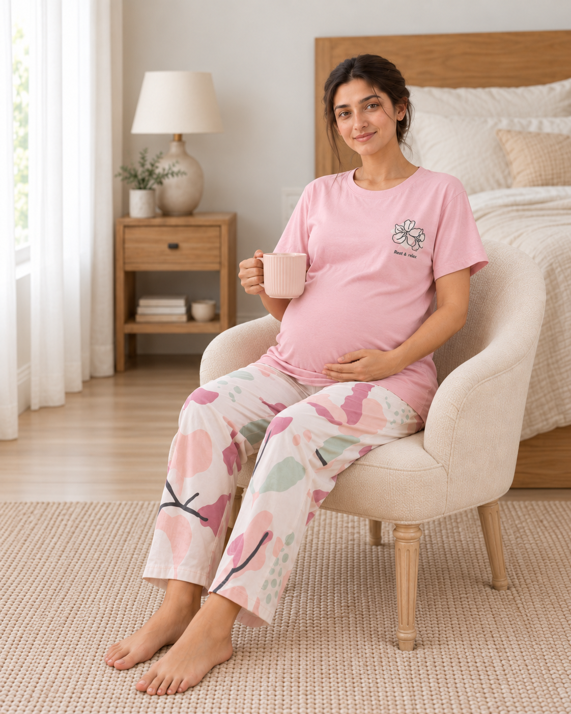 Pink Bird Maternity Cotton Night Suit - pose 3