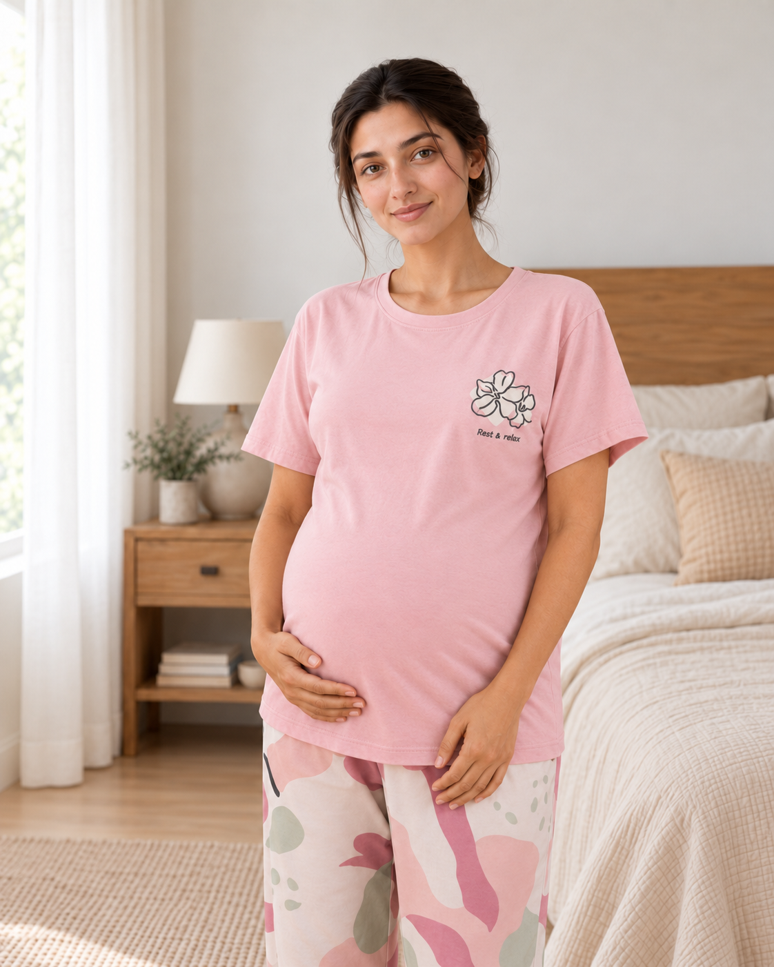 Pink Bird Maternity Cotton Night Suit - pose 4