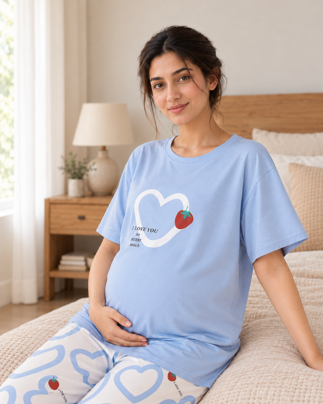 Strawberry Heart Maternity Cotton Night Suit - pose 4