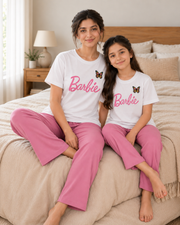 Glam Print White & Pink Mom & Daughter Night Suit - pose 1