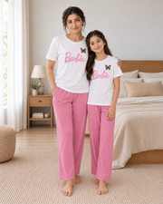 Glam Print White & Pink Mom & Daughter Night Suit - pose 4