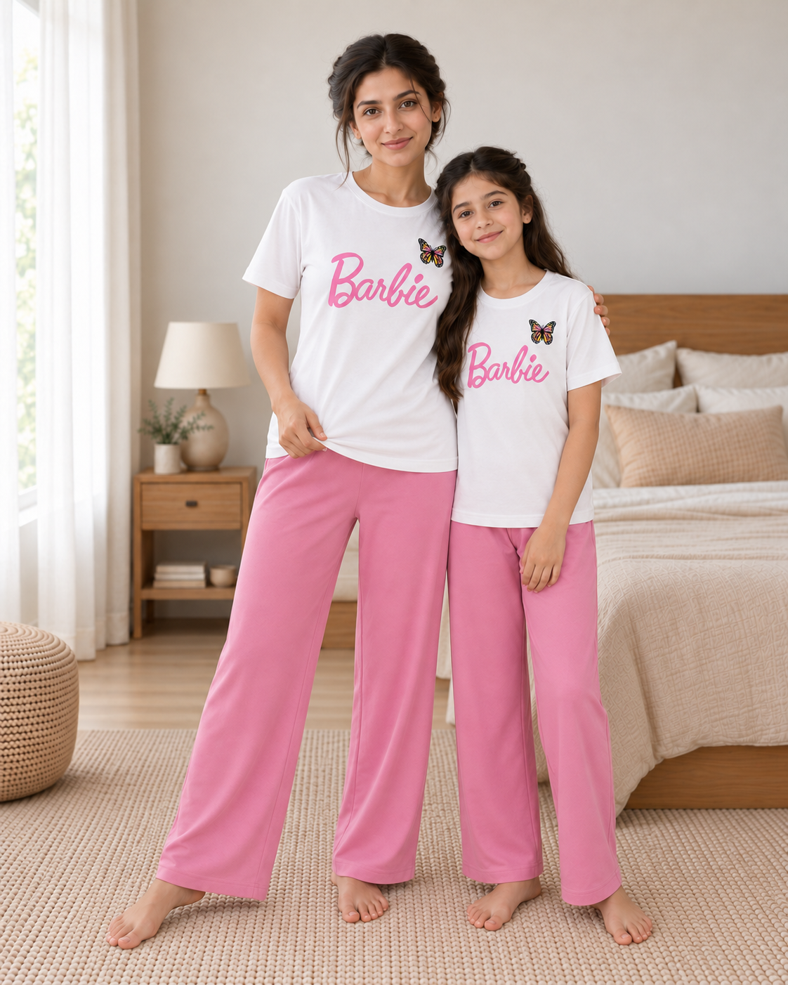 Glam Print White & Pink Mom & Daughter Night Suit - pose 5