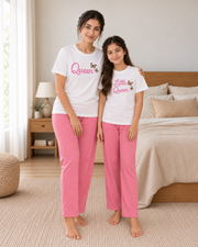 Queen White & Pink Mom & Daughter Night Suit - pose 2
