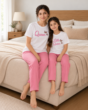 Queen White & Pink Mom & Daughter Night Suit - pose 4