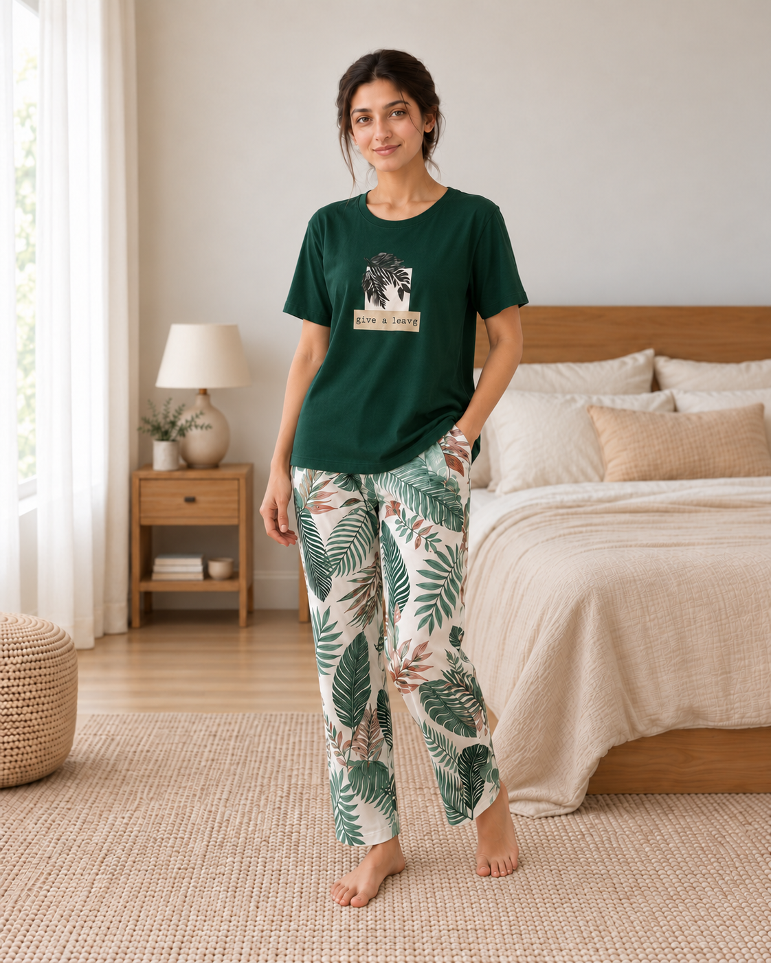 Green Leaf Printed Night Suit - pose 1