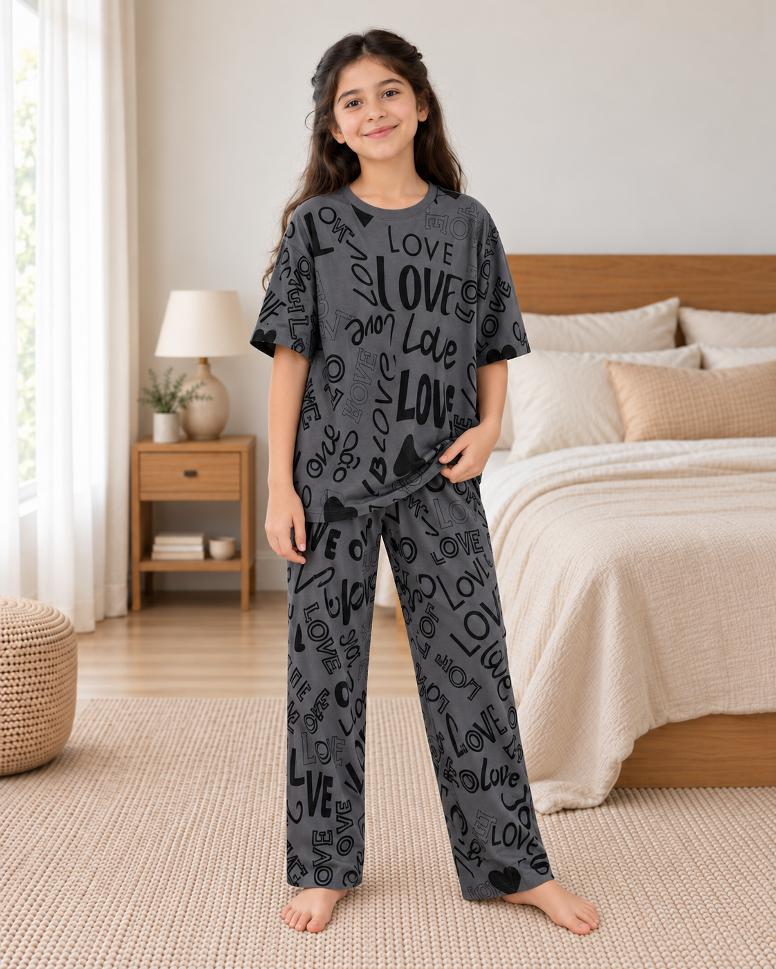 Grey Love Girls Night Suit - pose 1