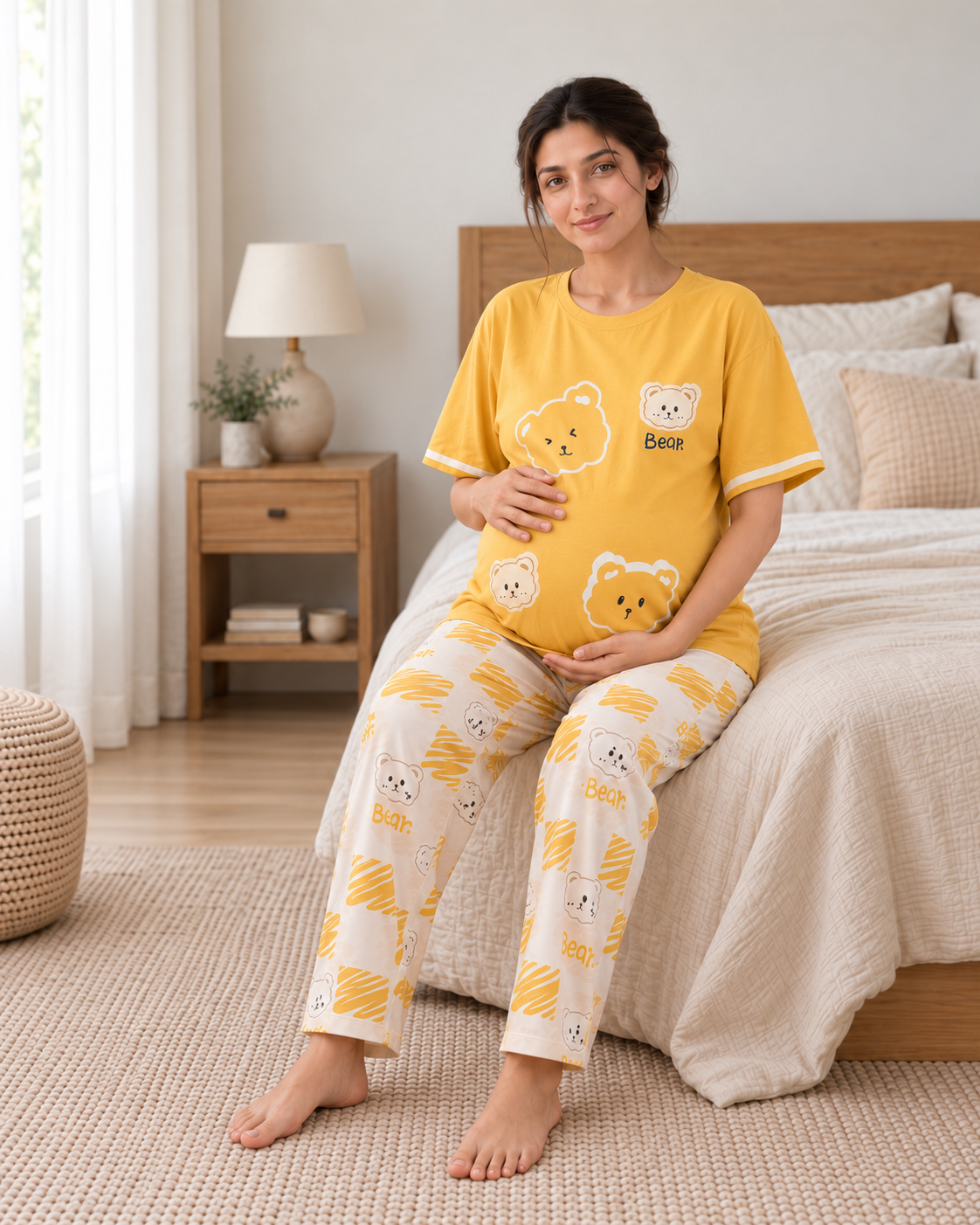 Yellow Panda Maternity Cotton Night Suit - pose 2