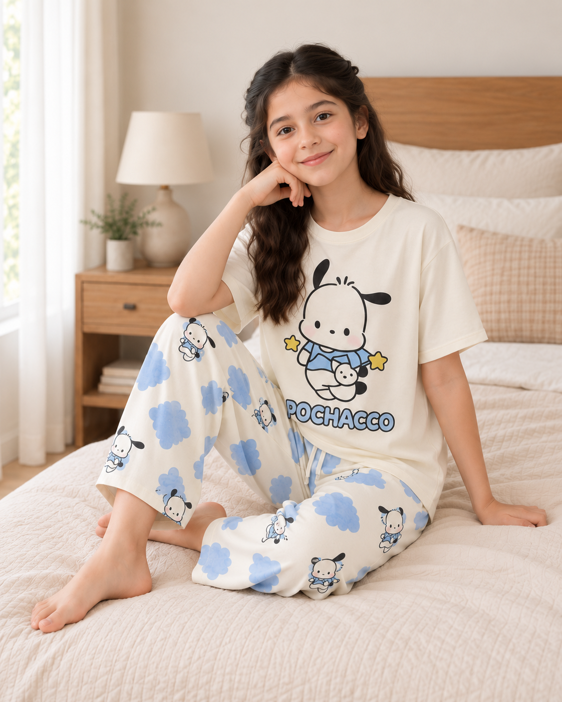 Cream Blue Puppy Cloud Night Suit - pose 1