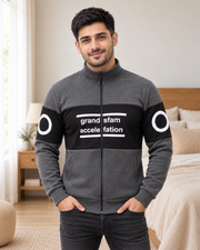 Charcoal & Black Colourblock Fleece Zip-Up Jacket - pose 1