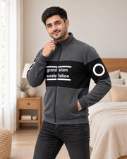 Charcoal & Black Colourblock Fleece Zip-Up Jacket - pose 3