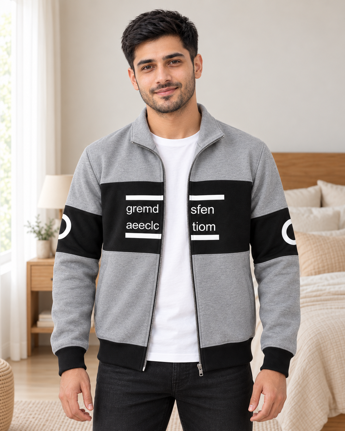 Grey & Black Colourblock Fleece Zip-Up Jacket - pose 1