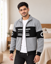 Grey & Black Colourblock Fleece Zip-Up Jacket - pose 2