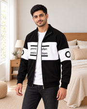 Black & White Colourblock Fleece Zip-Up Jacket - pose 2