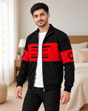 Black & Red Colourblock Fleece Zip-Up Jacket - pose 2