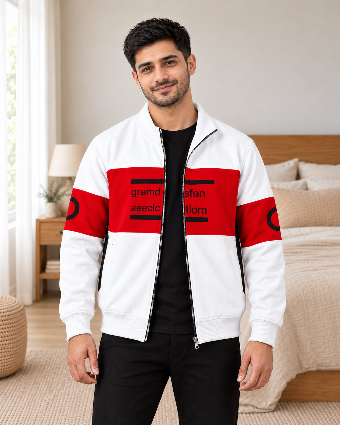 White & Red Colourblock Fleece Zip-Up Jacket - pose 1