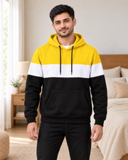 Yellow White Black Plain Fleece Hoodie - pose 1
