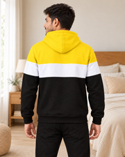 Yellow White Black Plain Fleece Hoodie - pose 2