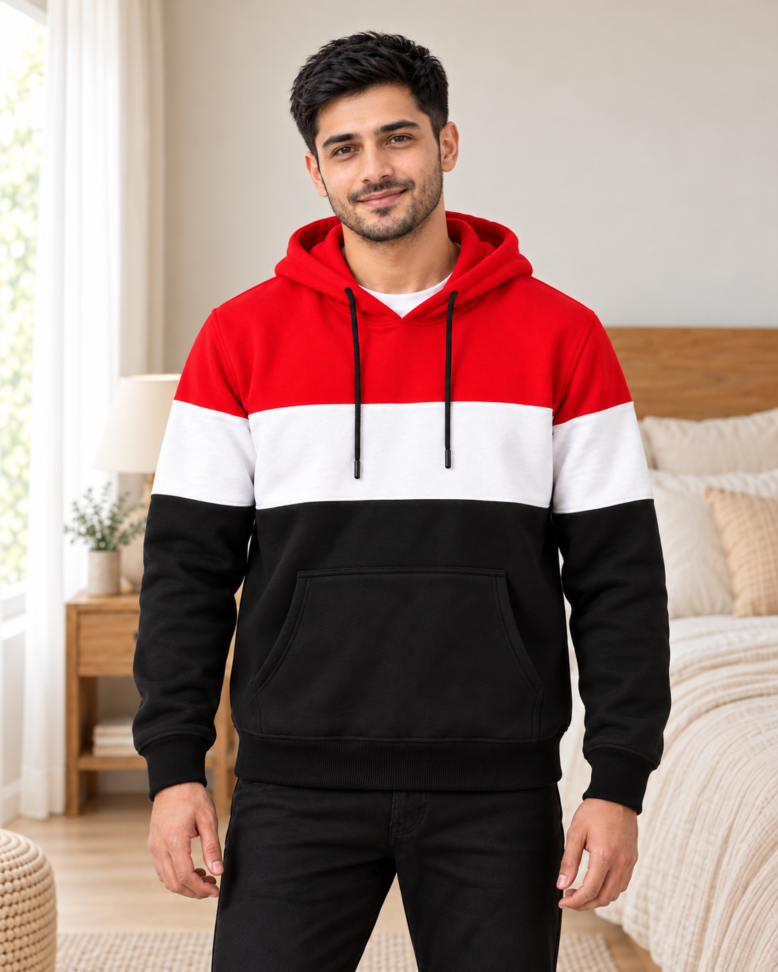 Red White Black Plain Fleece Hoodie - pose 1