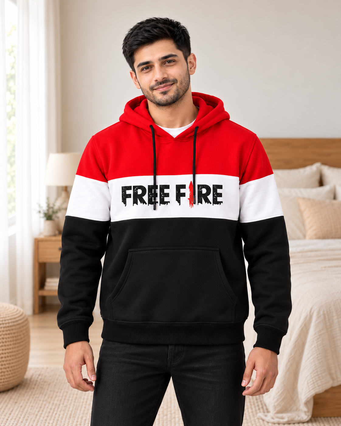 Red White Black Free Fire Fleece Hoodie - pose 1