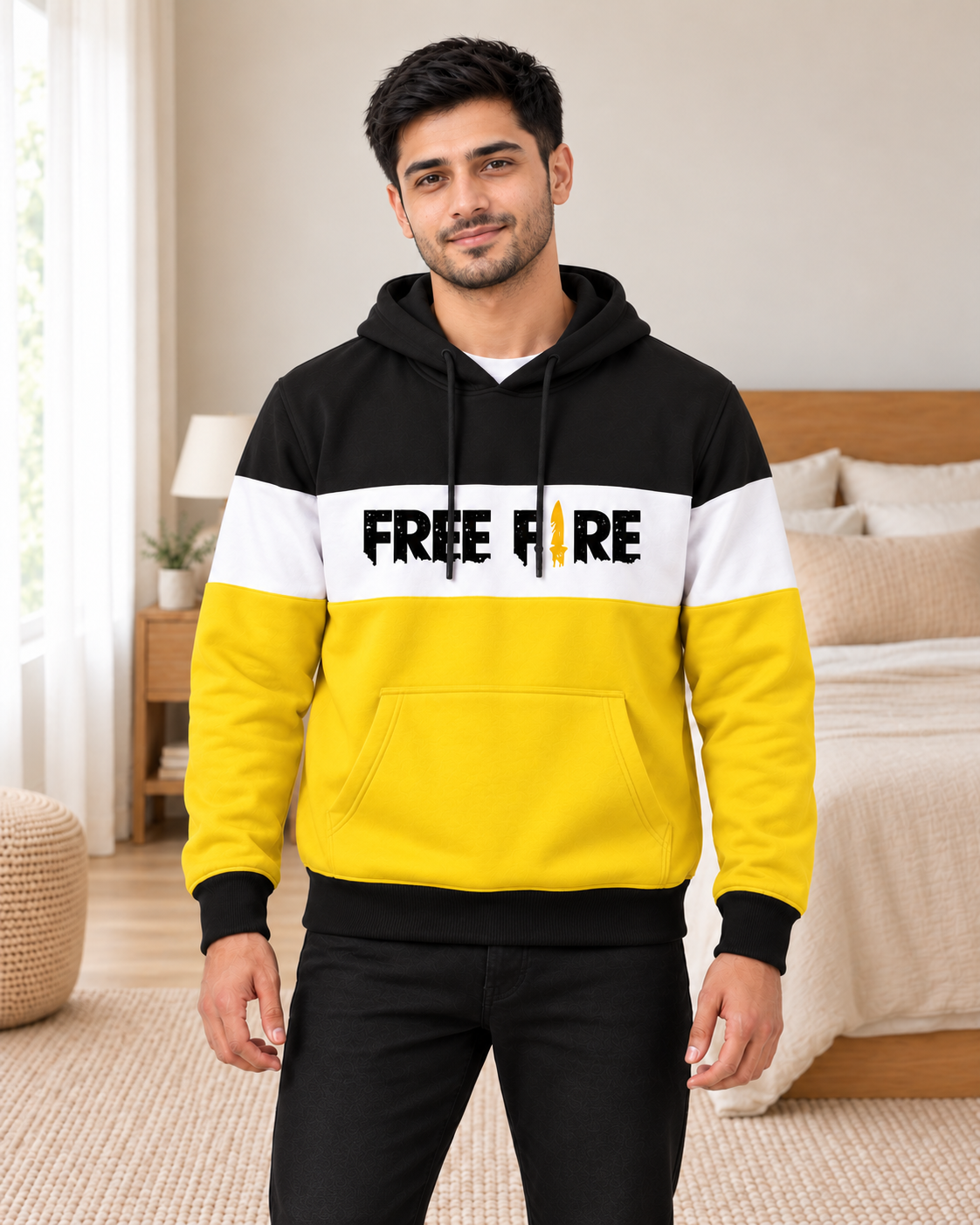 Black White Yellow Free Fire Fleece Hoodie - pose 1