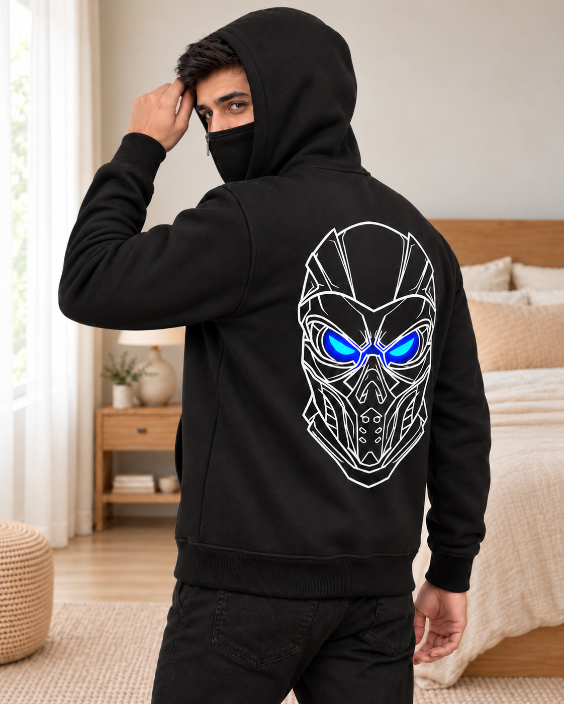 Black Cyber Mask Back Print Fleece Hoodie - pose 1