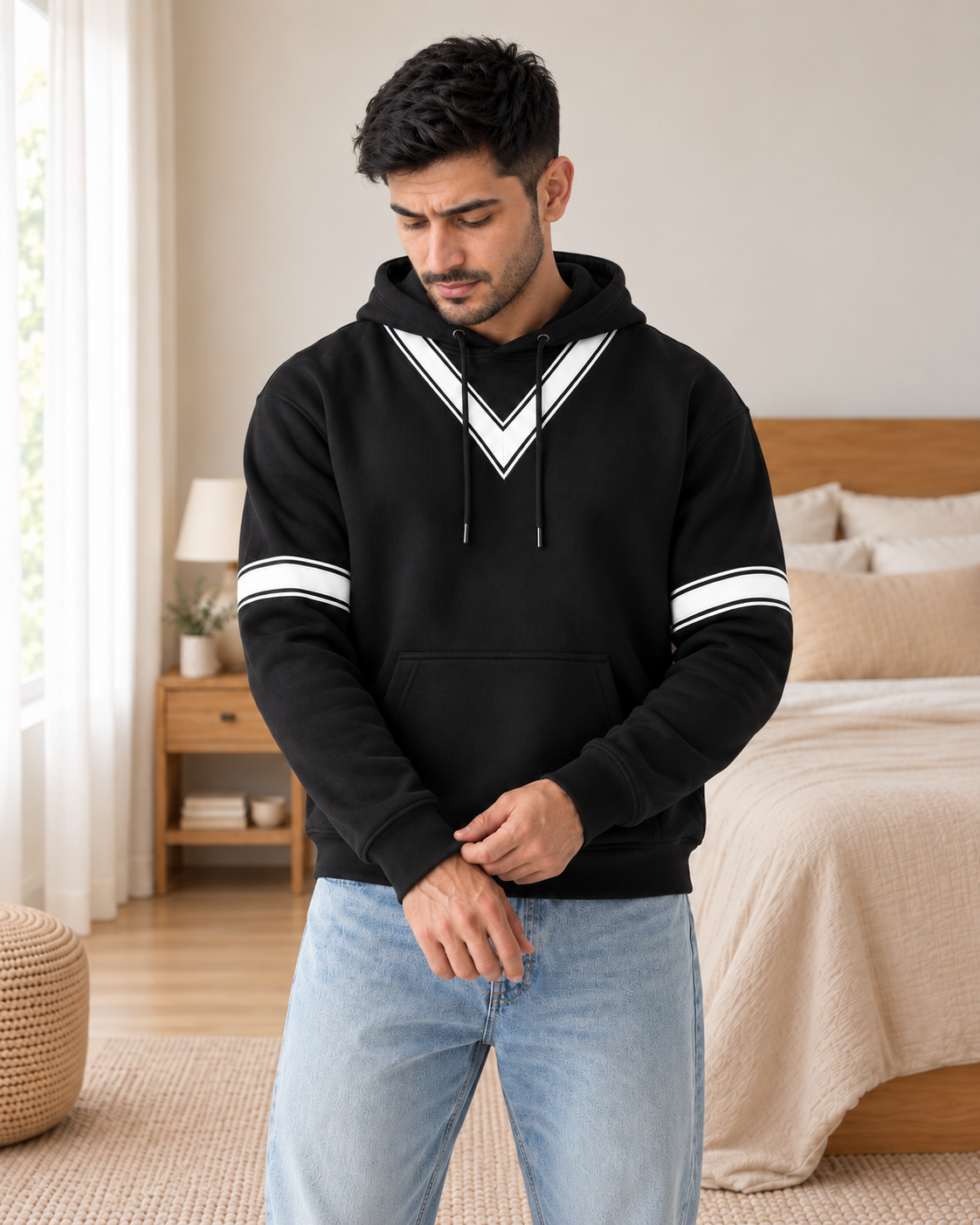 Black White V-Stripe Fleece Hoodie - pose 1