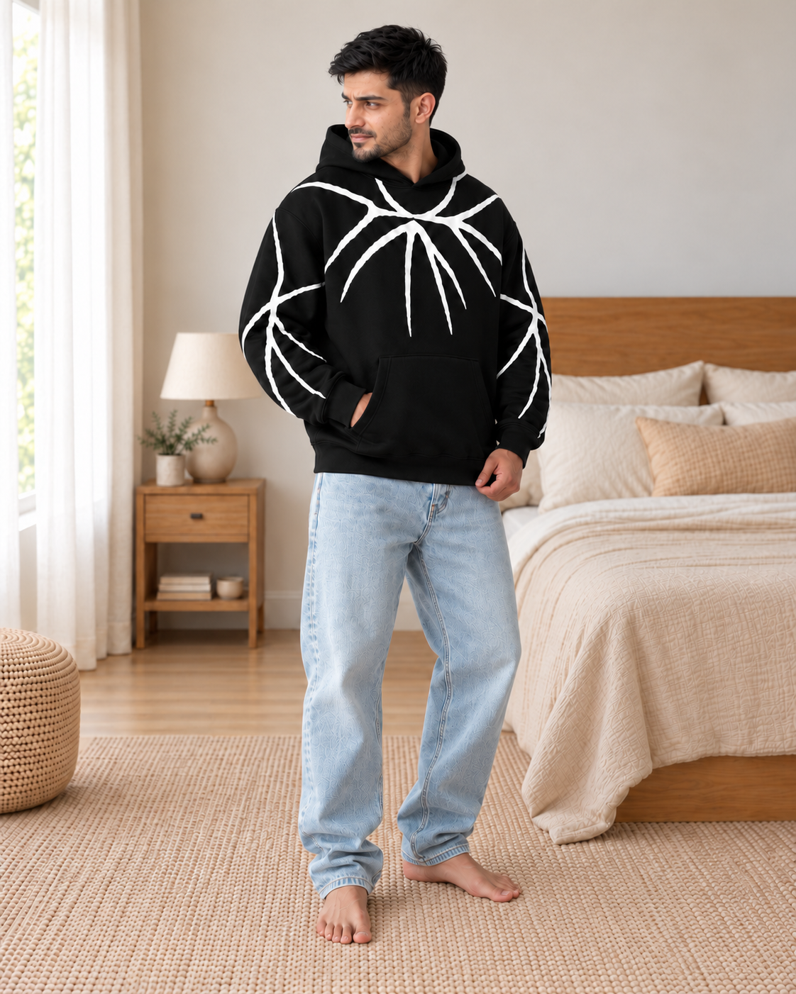Black White Branch Print Fleece Hoodie - pose 1