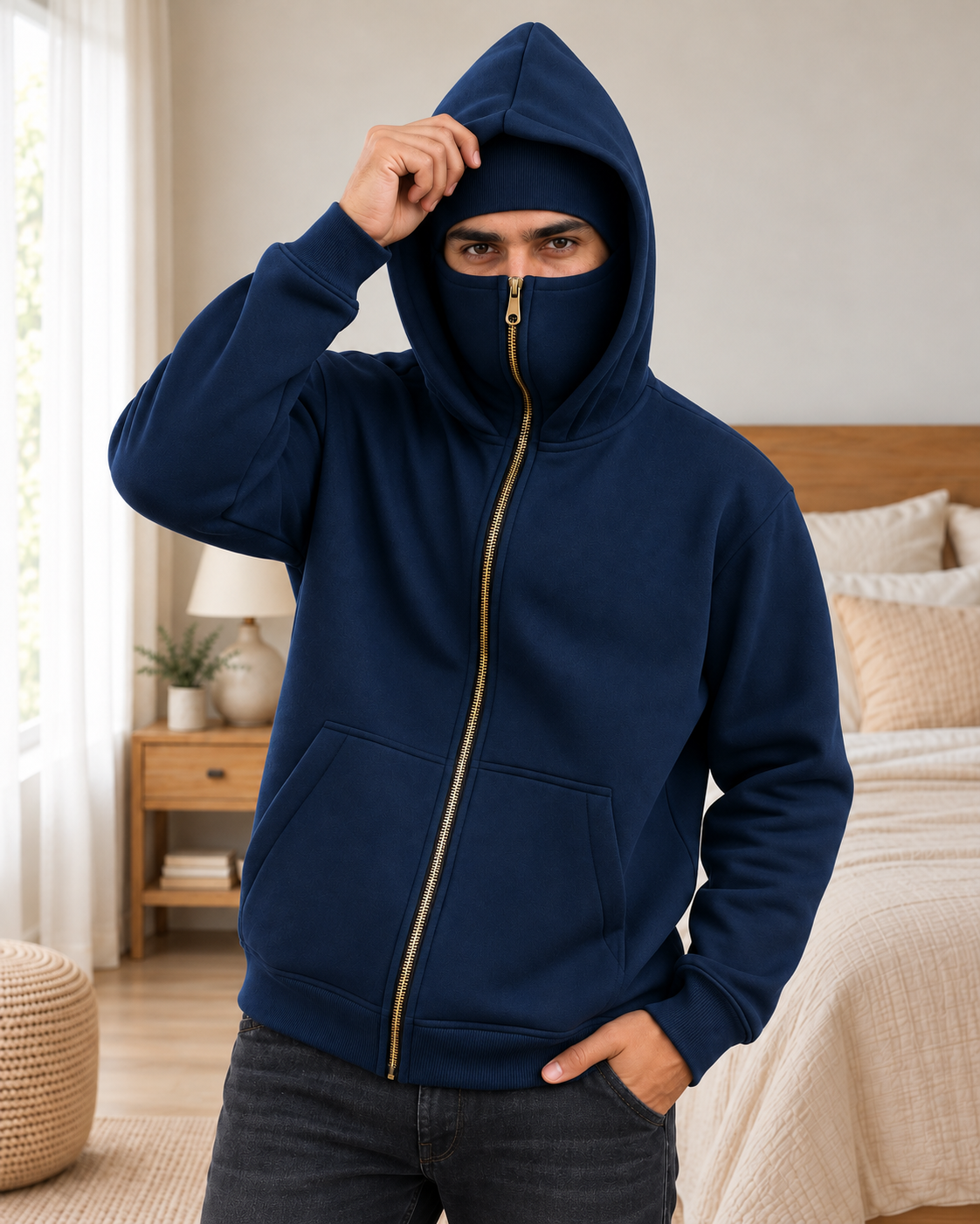 Navy Plain High-Zip Fleece Balaclava Hoodie - pose 1