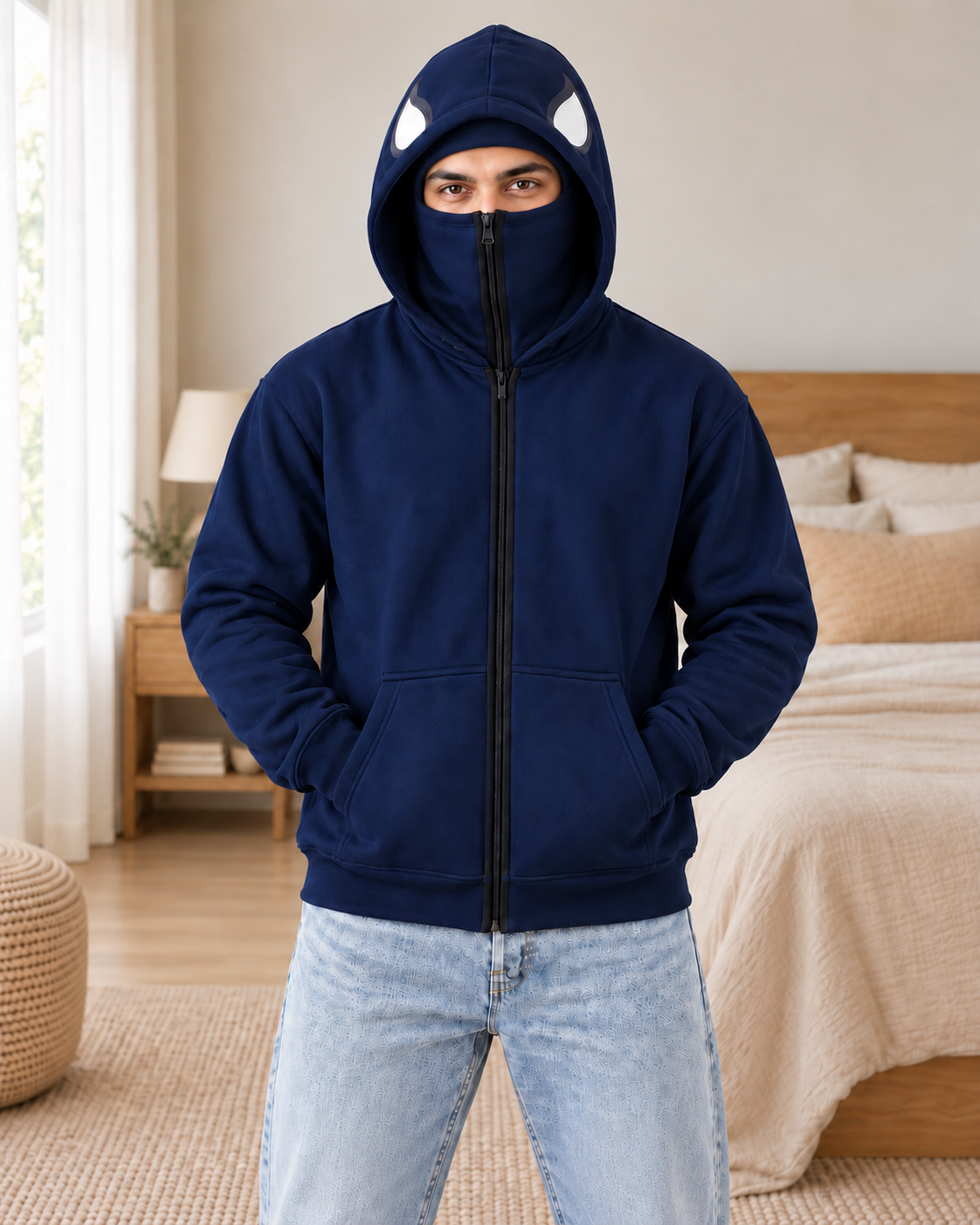 Navy Balaclava Spider Back Print Fleece Hoodie - pose 2