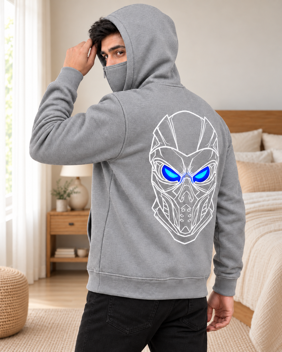 Grey Cyber Mask Back Print Fleece Hoodie - pose 1