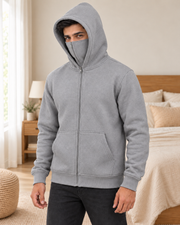 Grey Cyber Mask Back Print Fleece Hoodie - pose 2