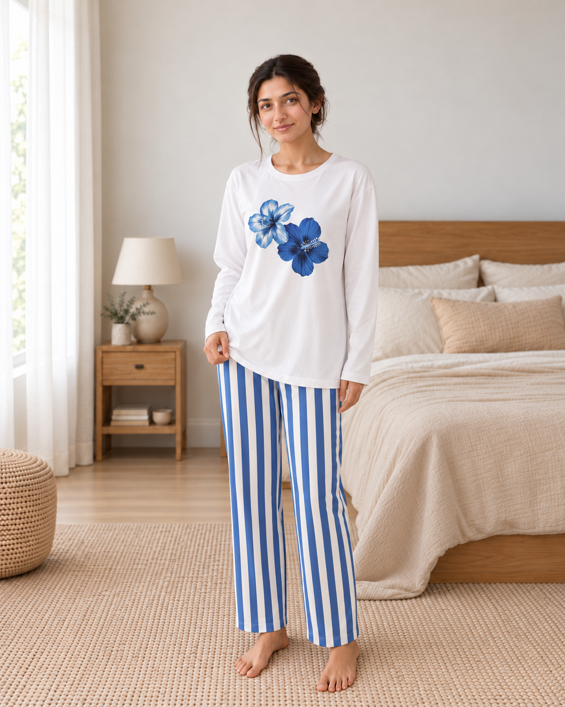 Blue Flower Full Sleeve Night Suit for Women - pose 1