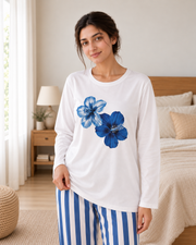 Blue Flower Full Sleeve Night Suit for Women - pose 2