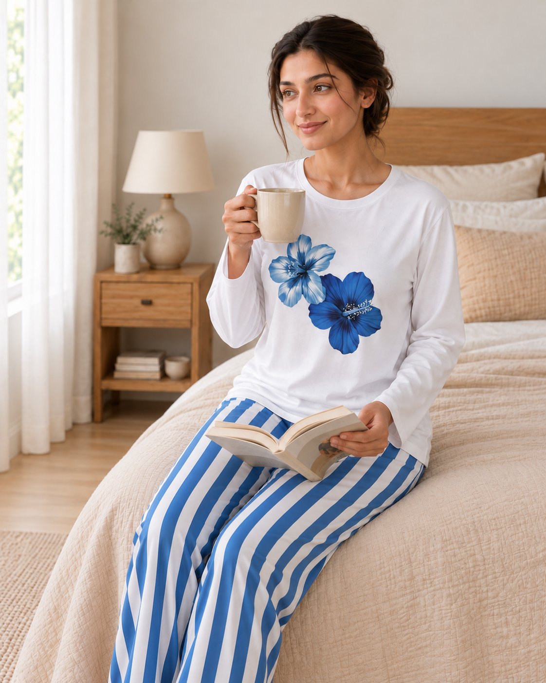 Blue Flower Full Sleeve Night Suit for Women - pose 3