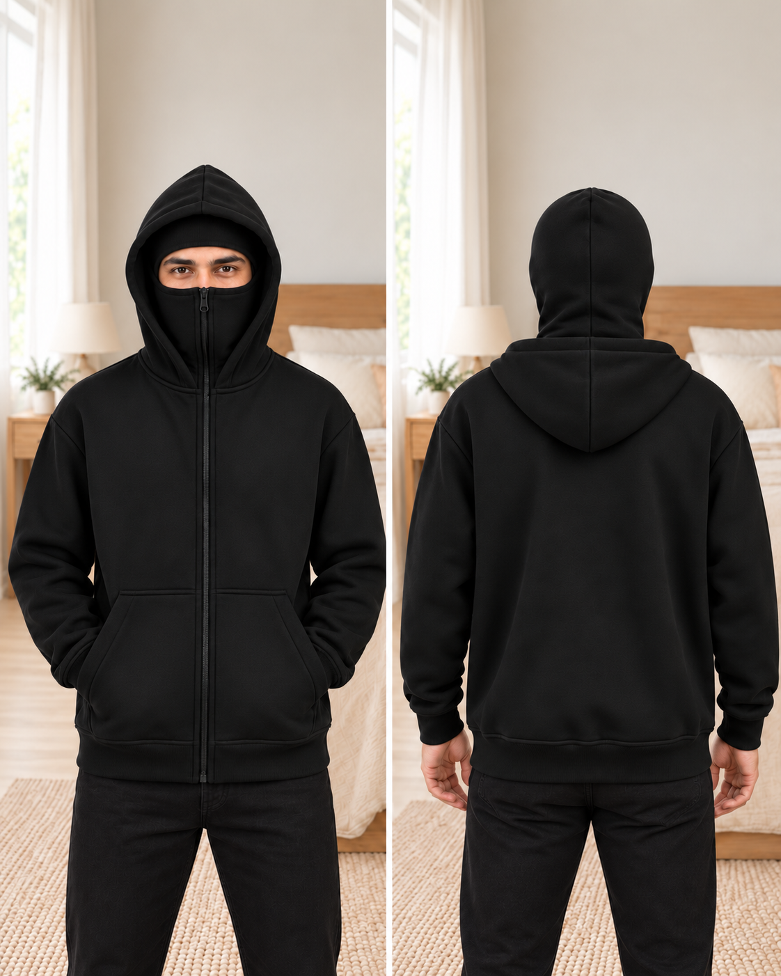Black Plain High-Zip Fleece balaclava Hoodie - pose 1