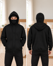 Black Plain High-Zip Fleece balaclava Hoodie - pose 1